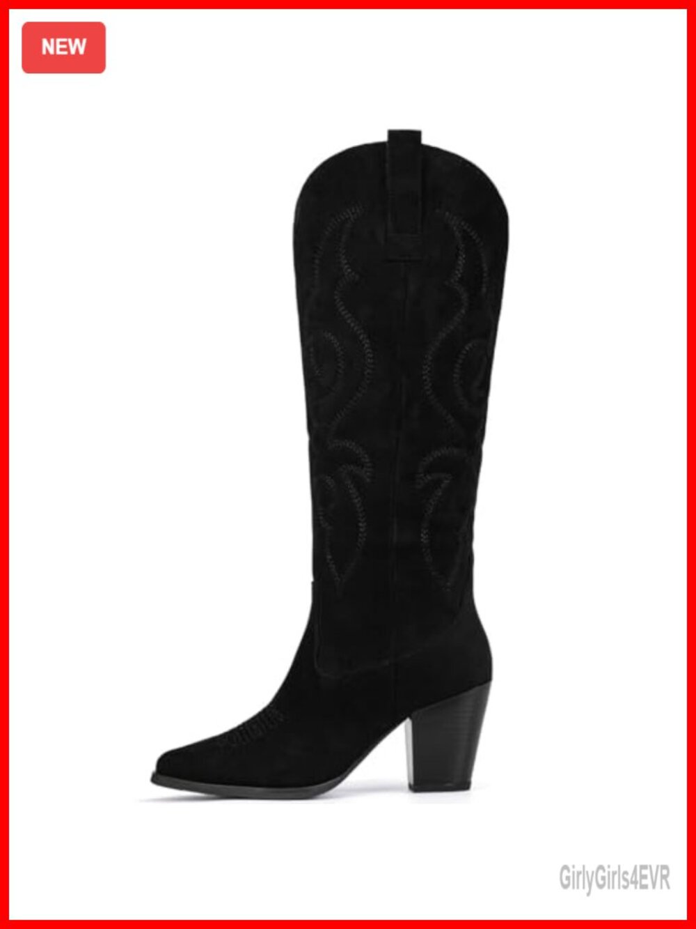 Women's Mid Calf Western Boots Suede Embroidered Chunky Heel Pull On Snip Toe